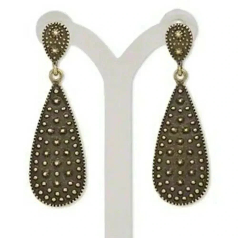 Antique Brass Dotted Vintage Steampunk Vibe Long Teardrop Earrings
